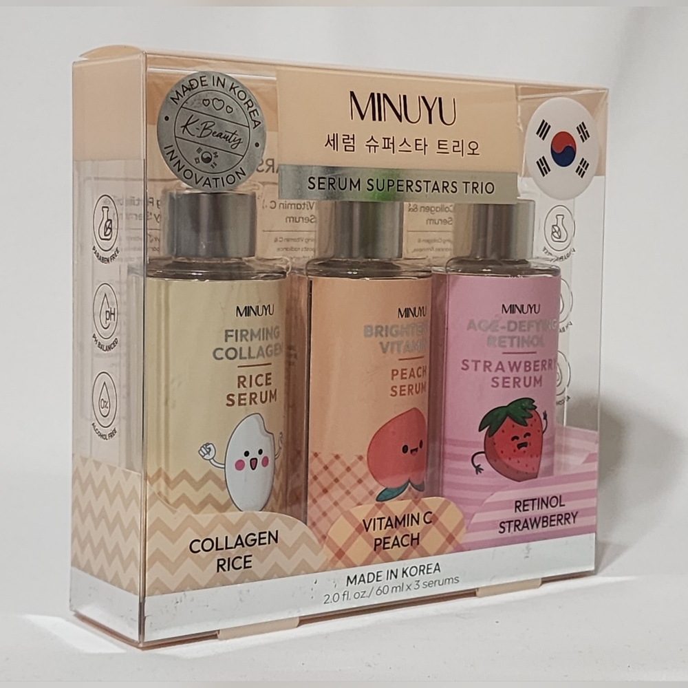 MINUYU Serum Superstars Trio Collagen Rice, Vitamin C Peach, Retinol Strawberry